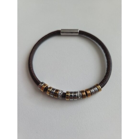 Women's FOSSIL Leather Steel Multi Color Diamond Charms Magnetic Bracelet 7.5 in - Picture 1 of 3